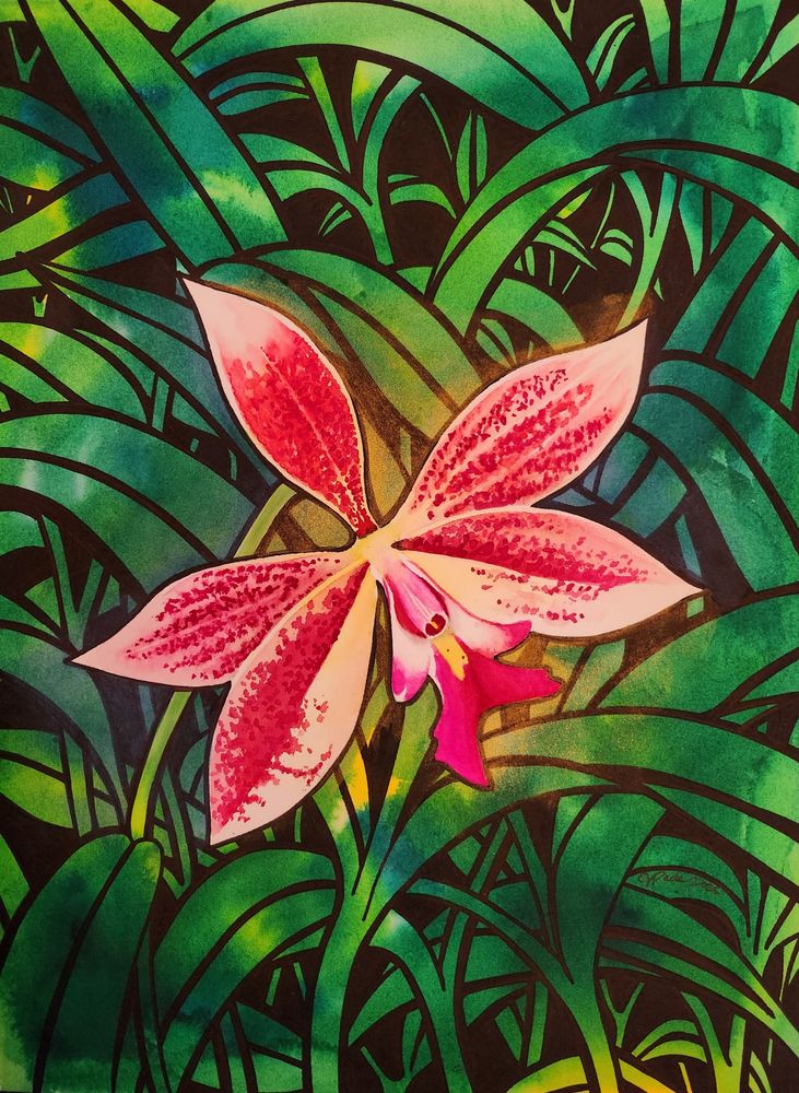 Watercolor of a pink and white orchid with abstracted foliage from a mottled green background with ink lines drawn over it in black. There's also a small amount of metallic gold watercolor around the flower. 