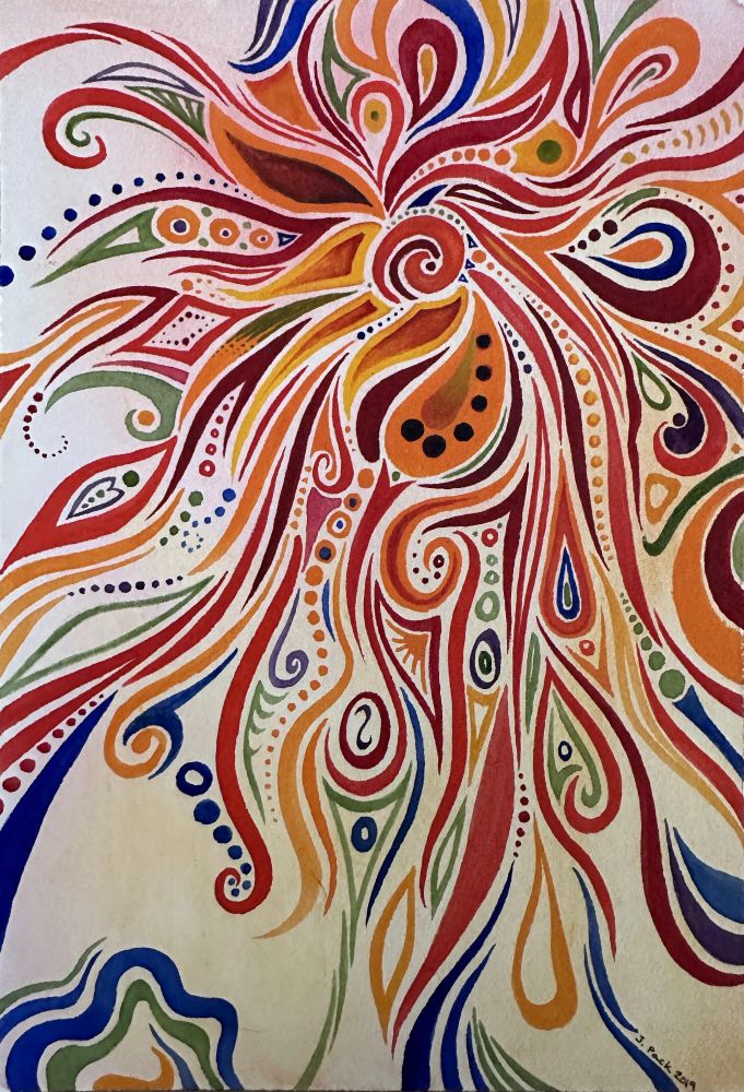 Wavy lines in orange, red, and yellow with hints of green and blue that are more frequent farther from the center. 