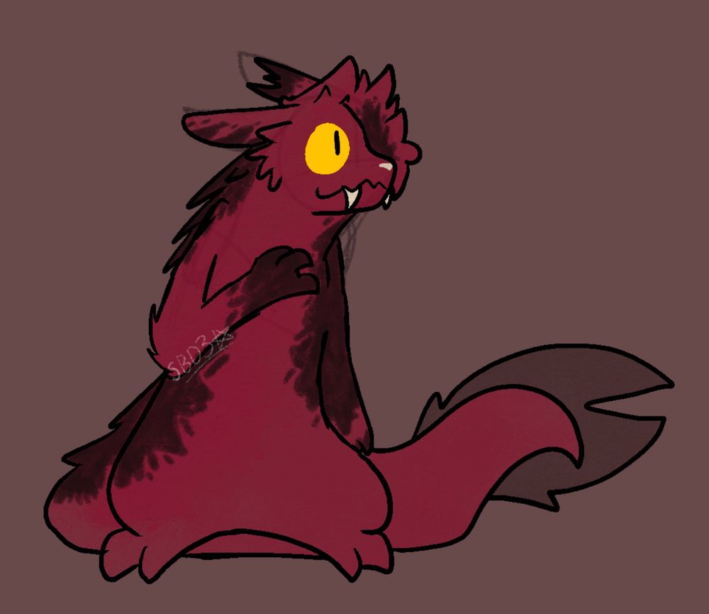 The Artificer from Rain World, a red slugcat with burn scars all over their body and a torn left ear
