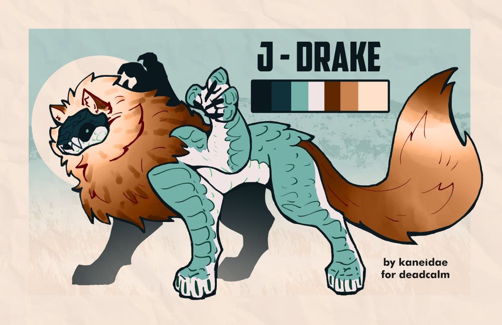 A big cat with a false head and large mane and tail. The body is scaled and teal, with the mane and tail a brownish orange. It’s labeled “J-drake”