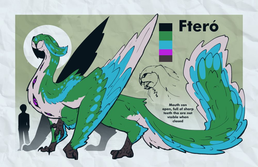 A large blue and green owl-like Draconic creature resting on both its forelimbs and wings, it has rabbit like ears and purple eyes running down its throat in a line. There is a smaller doodle explaining how it has a mouth full of sharp teeth that are normally hidden. It is titled “Fteró”