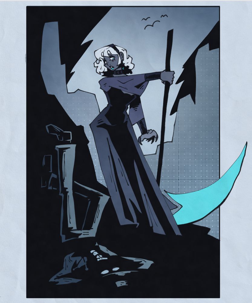 Uncle’s character Dawn stands over Fusilado in shadow. Fusilado is in the hanged man tarot pose while Dawn looks down solemnly holding her scythe. The entire piece is in a comic book style, blue toned, and heavily shadowed 