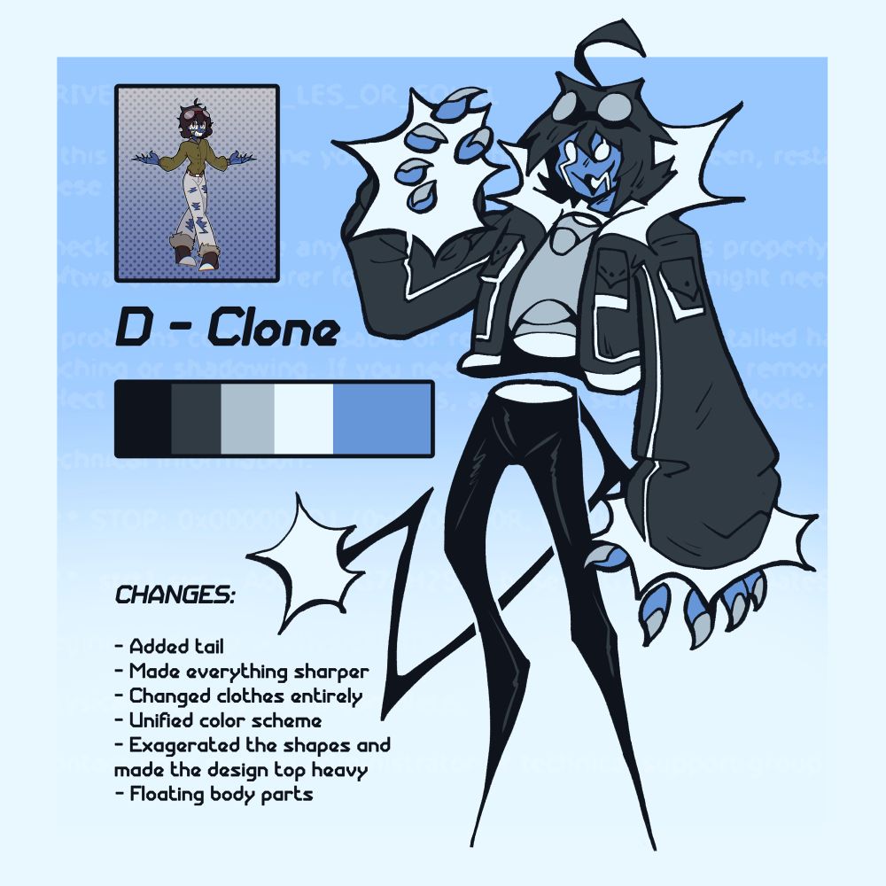 “D-Clone” a redesigned character. I have made their color scheme more unified, added spiky cuffs and collars, angular legs and a tail. They are based on blue screens 