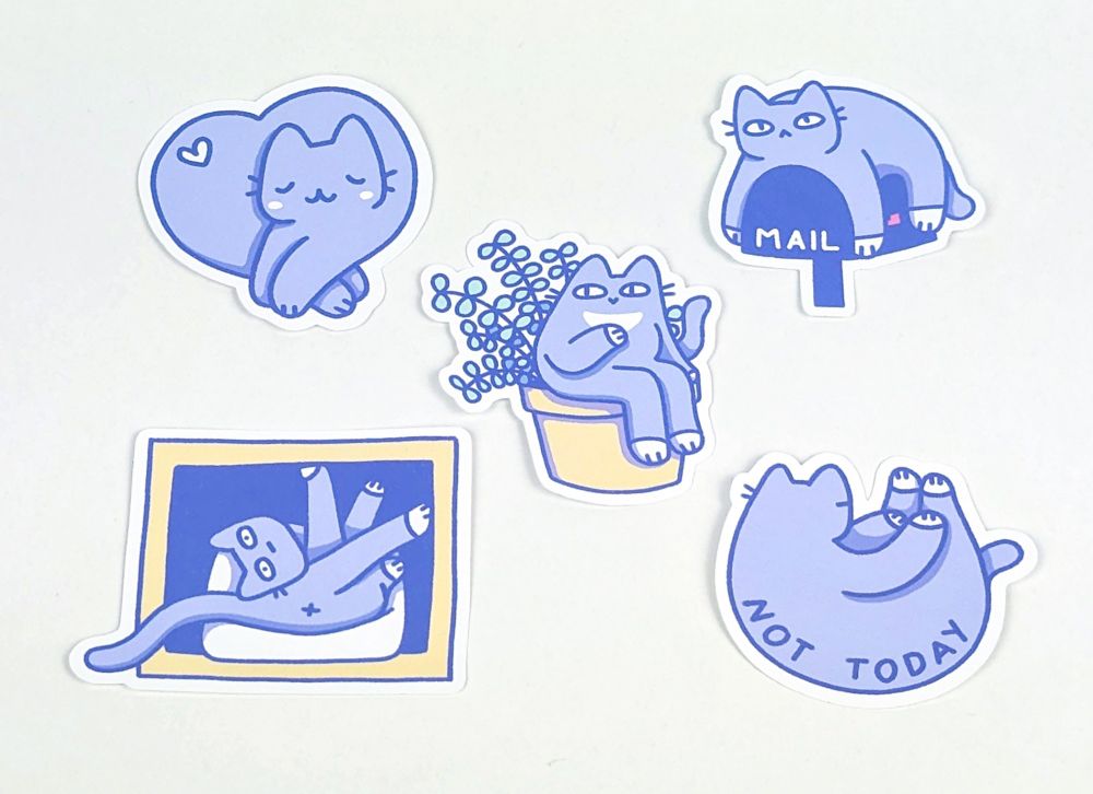 5 cat stickers, top left forms a heart, top right is laying on a mail box, middle is sitting on a potted plant, bottom left is stretching in a funny way and bottom right says "not today".