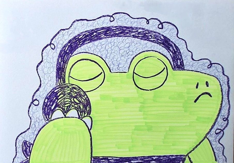 Headshot illustration on paper of a cartoon crocodile character colored a bright greenish yellow putting on big purple headphones. They're wearing a purple scarf, eyes closed and a bit of a frown on their face. Around them is a layer of squiggly purple lines like an aura of sorts. Everything purple is drawn a bit scribbly and you can see the marker lines in the yellow areas.

(Also, this is Dill - my little crocodile OC - the protag of my first and soon also my second picture book ✨)