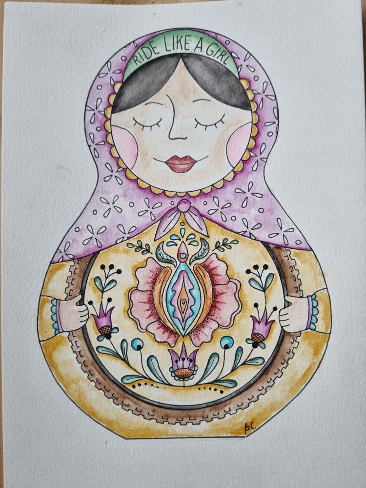 Watercolour illustration inspired by Slavic traditional folk. Matryoshka, holding a bicycle wheel. Inside the wheel, decorated with flowers in the shapes of women's labia and vagina. She's wearing a headscarf and a cycling cap underneath. The writing on the cap says "Ride like a girl". 