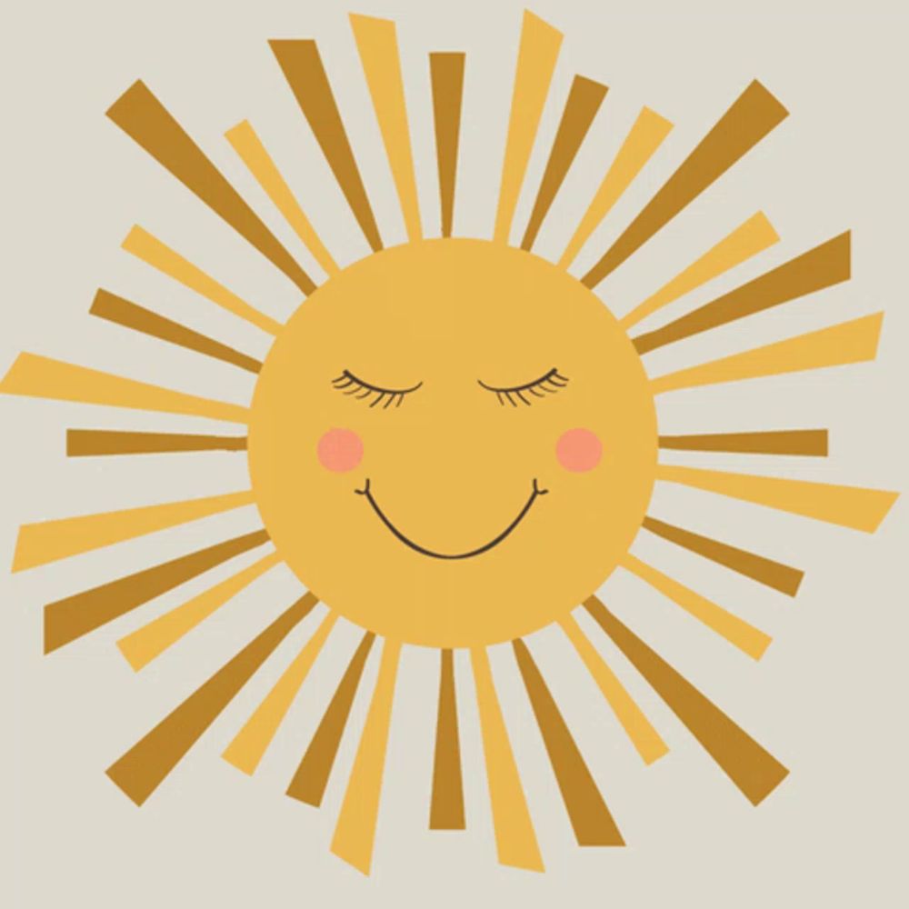 a smiling sun with its eyes closed and a pink nose