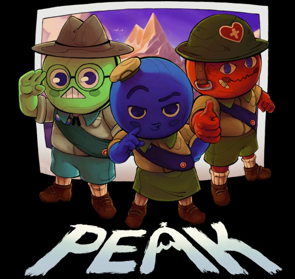 Three Peak characters standing in front of a photograph of a far off mountain. The characters are green (left), blue (middle), and red (right), and all pull heroic poses. The one on the left is saluting, the one in the middle has his finger pressed against his cheek while he pulls duck lips, and the one on the right has a confident thumbs up. The name of the game, "Peak", can be seen at their feet, the "a" is designed to look like the top of a mountain with a palm tree.