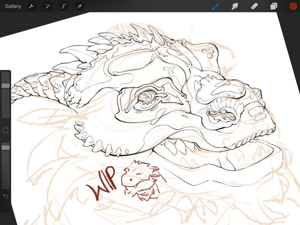 Unfinished lineart of an anthropomorphic dragon's head smiling. The sketch can be faintly seen underneath, and a small doodle of another dragon sits underneath it, content, with the word WIP next to it.