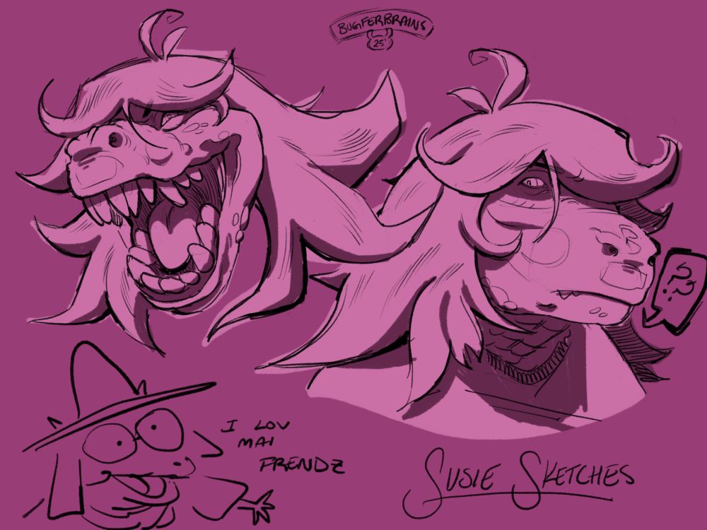 Two headshots of Susie from Deltarune, a tomboy, pink lizard with long, wavy hair. On the left is a picture of her grinning wickedly with all her sharp teeth on display, on the right is a picture of her glancing off to the side, a little confused. In the bottom left corner is a silly sketch of the character Ralsei from Deltarune, rudely drawn and saying "I lov mah frendz", a reference to a Deltarune meme.