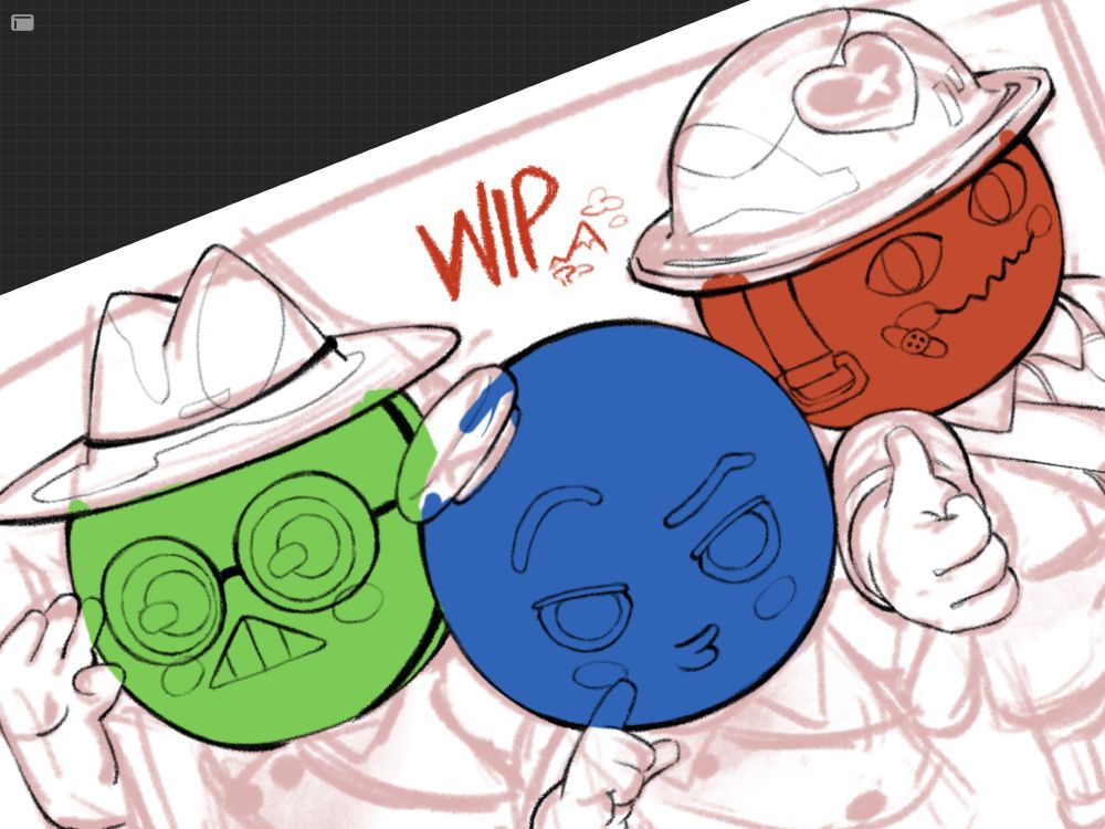 A work in progress drawing of three, round-headed characters from the video game "Peak". The red one on the right looks like a battered medic, the blue one in the middle holds a sassy pose with duck lips, and the green one on the left salutes the viewer, his glasses, hat, and wide eyes making him look nerdy but innocent. He is also the one that ends up rolling down the mountain the most. 