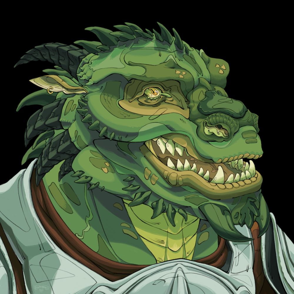 A headshot of a green Dragonborn wearing silver armor. Their mouth is open and they are smiling. They have spikes, horns, and a golden earing in their ear.