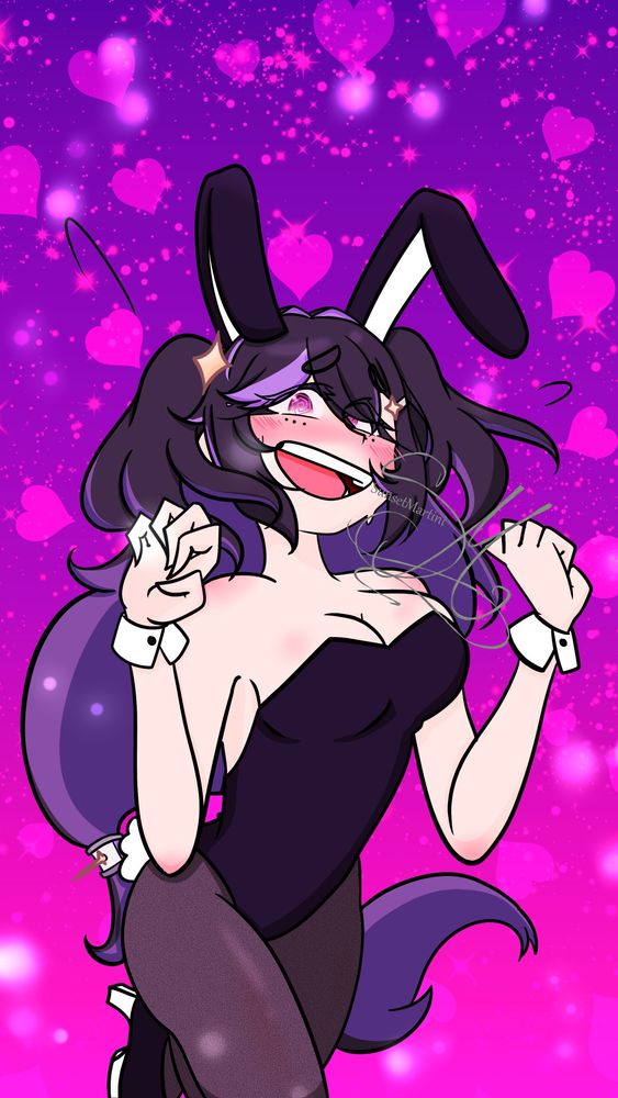 A girl with black and purple hair poses like she's skipping in a bunny suit against a purple gradient background with an embarrassed expression on her face