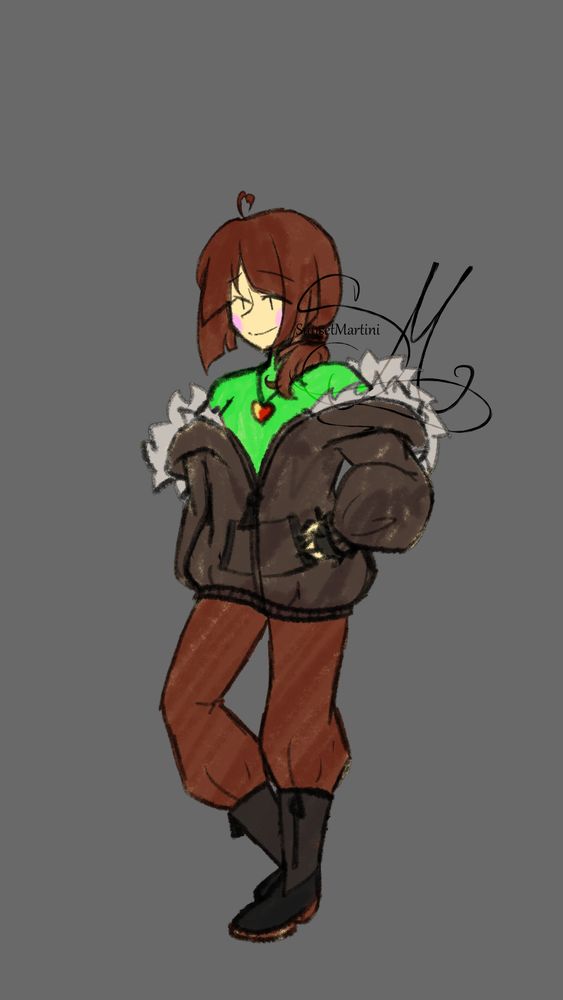 An adult version of Chara with a side ponytail and a brown bomber jacket, sporting a non-striped green turtleneck 