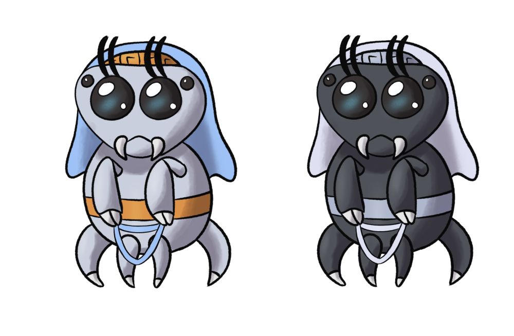 Two color variations of a fakemon. The Pokémon looks like a squat bipedal spider with two big round eyes and an extra set of smaller eyes. It wears a veil made of its own silk based loosely on ancient greek veils. The one on the left has a light grey, blue, and gold color scheme, and the one on the right has a black, white, and silver color scheme.
