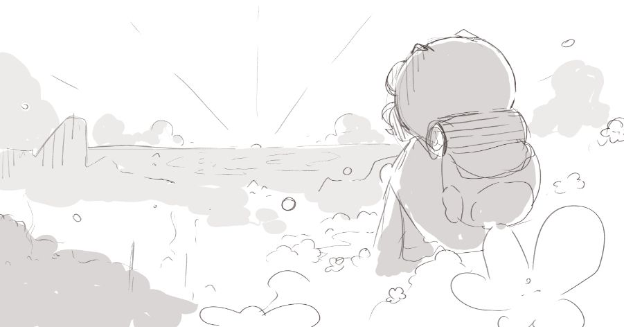 A small child looking out over hills towards a sunrise