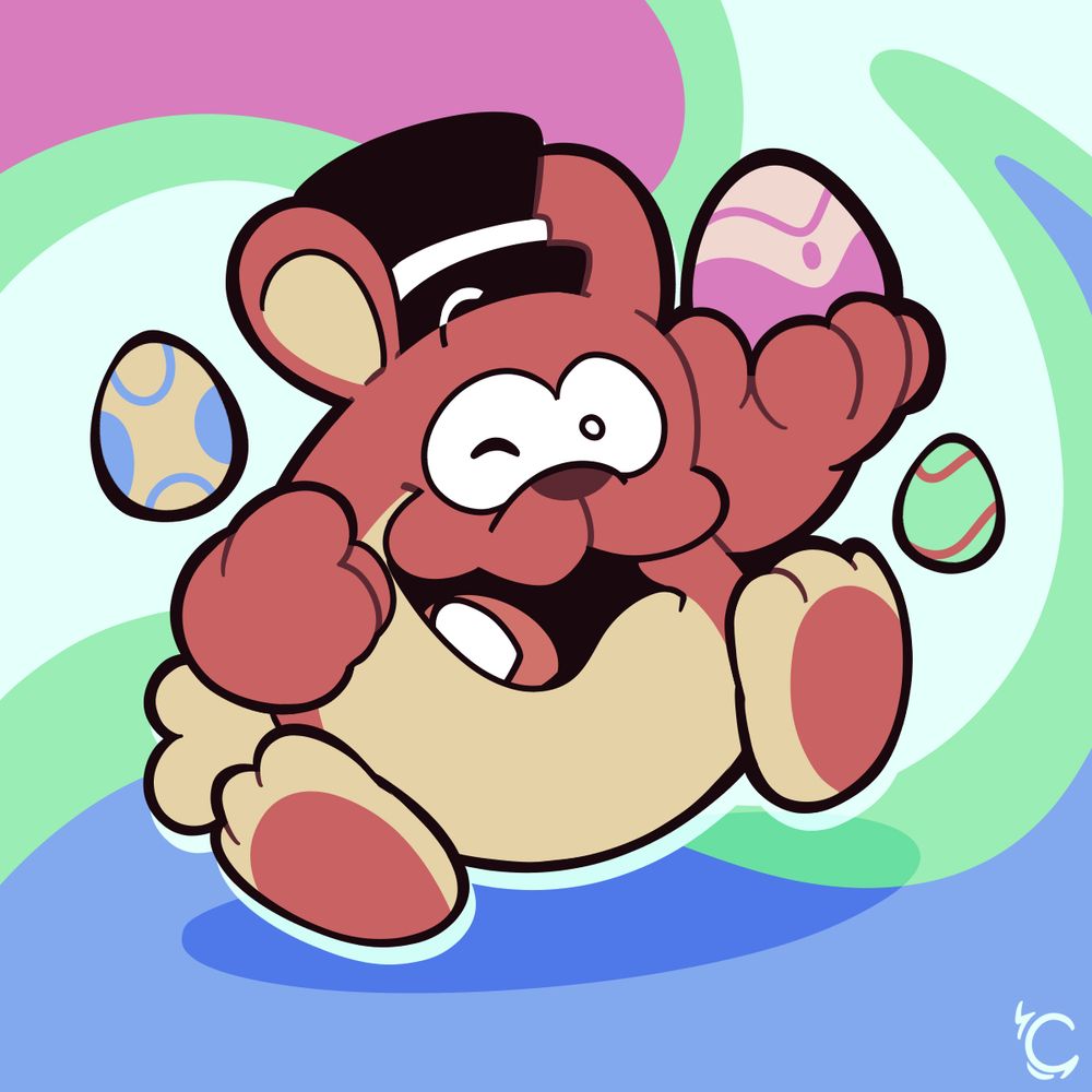 An artwork of Ragoof happily sharing his egg(s) with a colorful bunch from its pattern, winking and hopping along in his path.