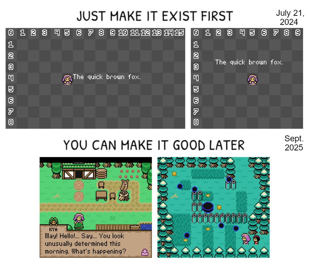 A meme image divided into two vertical halves. The top half reads, "Just make it exist first." It shows two screenshots of a top-down pixel art game in extremely early development. Both screenshots show a gray checkerboard grid, one in 16:9 aspect ratio and a 10:9 aspect ratio in the other. Each one shows a pink girl character facing down, and white text that reads "The quick brown fox." A date is shown for these screenshots: July 21, 2024

The bottom half reads, "You can make it good later" and shows two screenshots in much later development. The left one shows a grassy area surrounded by trees and a green house. Two characters are speaking. The right one shows a teal wooded area with lots of tall grass. Two character are standing in the area. There is also a black hockey-puck-shaped enemy with six spheres floating around it.