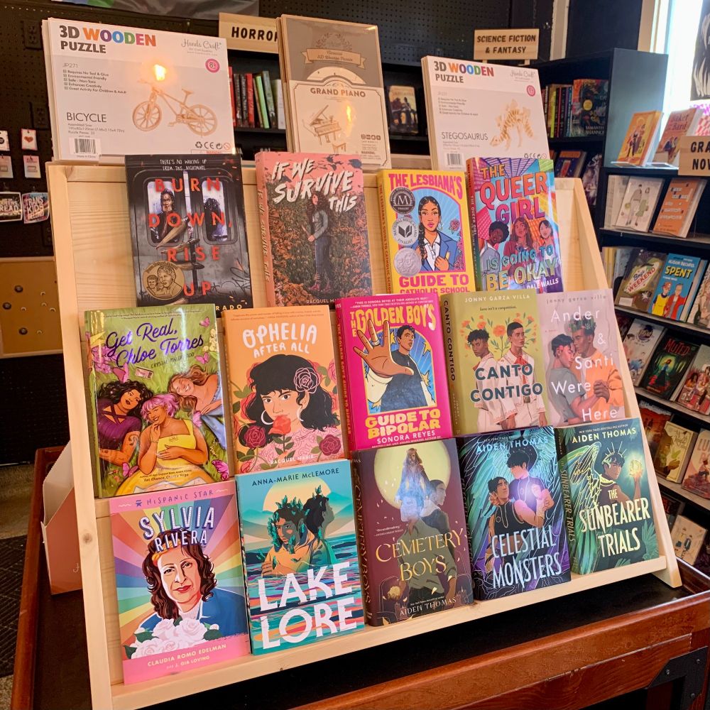 A section of face-out display books in the Young Adult section of Wayfaring Booksellers for Hispanic Heritage Month. 