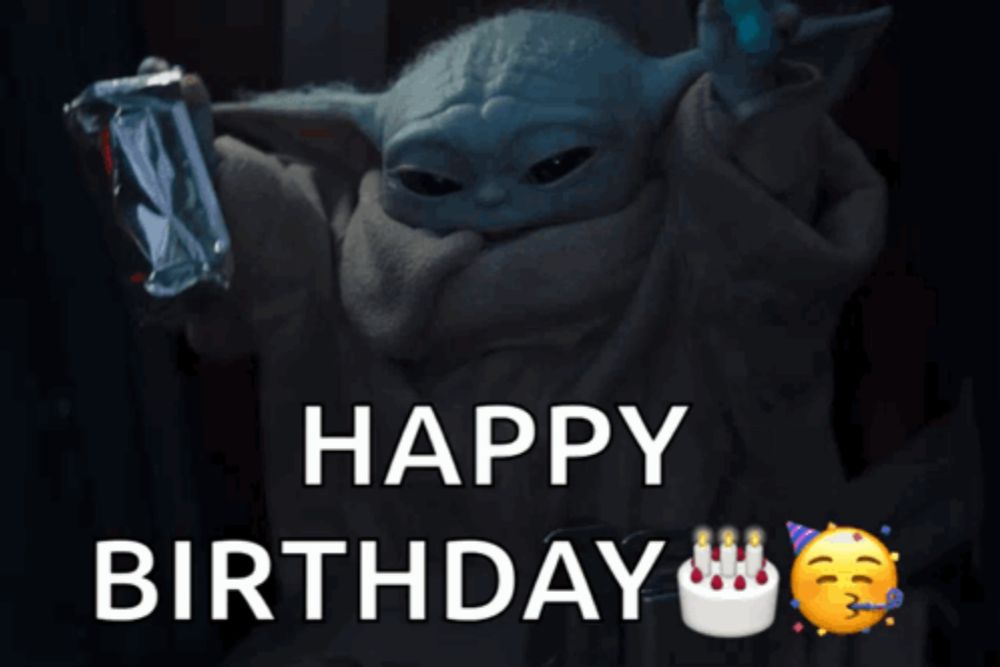 a baby yoda is holding a bag of ice cream and says " happy birthday "