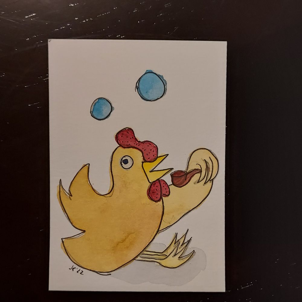 ATC sized watercolor of a chicken blowing bubbles from a bubble pipe.