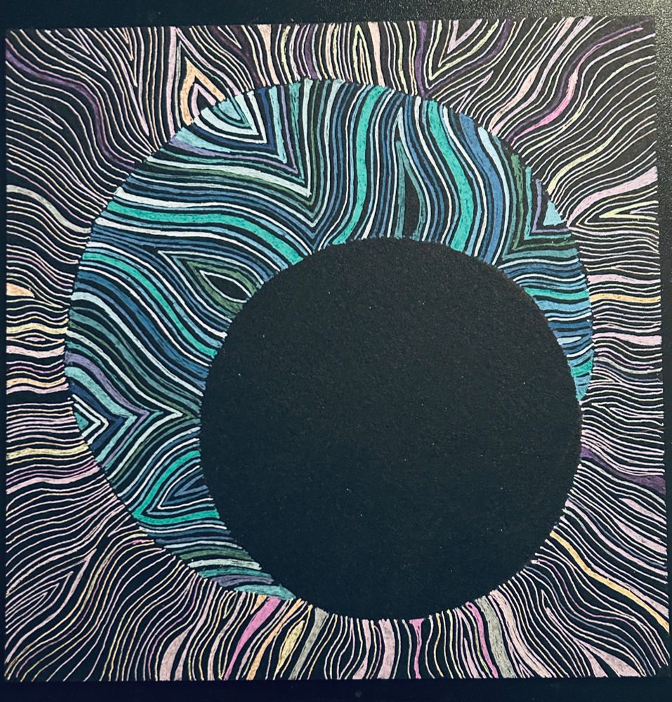 Abstract art. Acrylic gouache on black cold press paper. 8”X8”