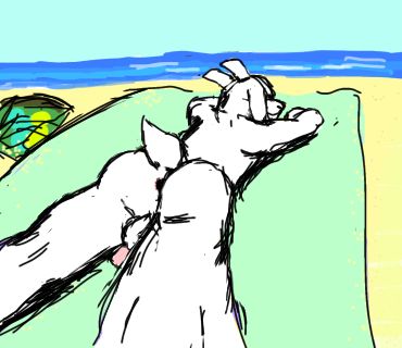White naked furry goat lying on his stomach on a beach while you have a good view of his asshole and cock lying behind him. He is lying an a light greed towel facing the ocean. His dark green swim trunks are strewn to the left side of this goat off in the sand, rather unwisely.