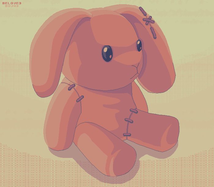 This image depicts a soft, pink bunny doll with large floppy ears and black, shiny button eyes. It has visible stitches on its arms, legs, and one ear, suggesting it has been lovingly repaired. The background is a warm gradient with subtle textures, giving the scene a nostalgic and cozy feel. The art style is pixelated, with a retro aesthetic, and the text "Beloved Bound" is subtly placed in the top left corner