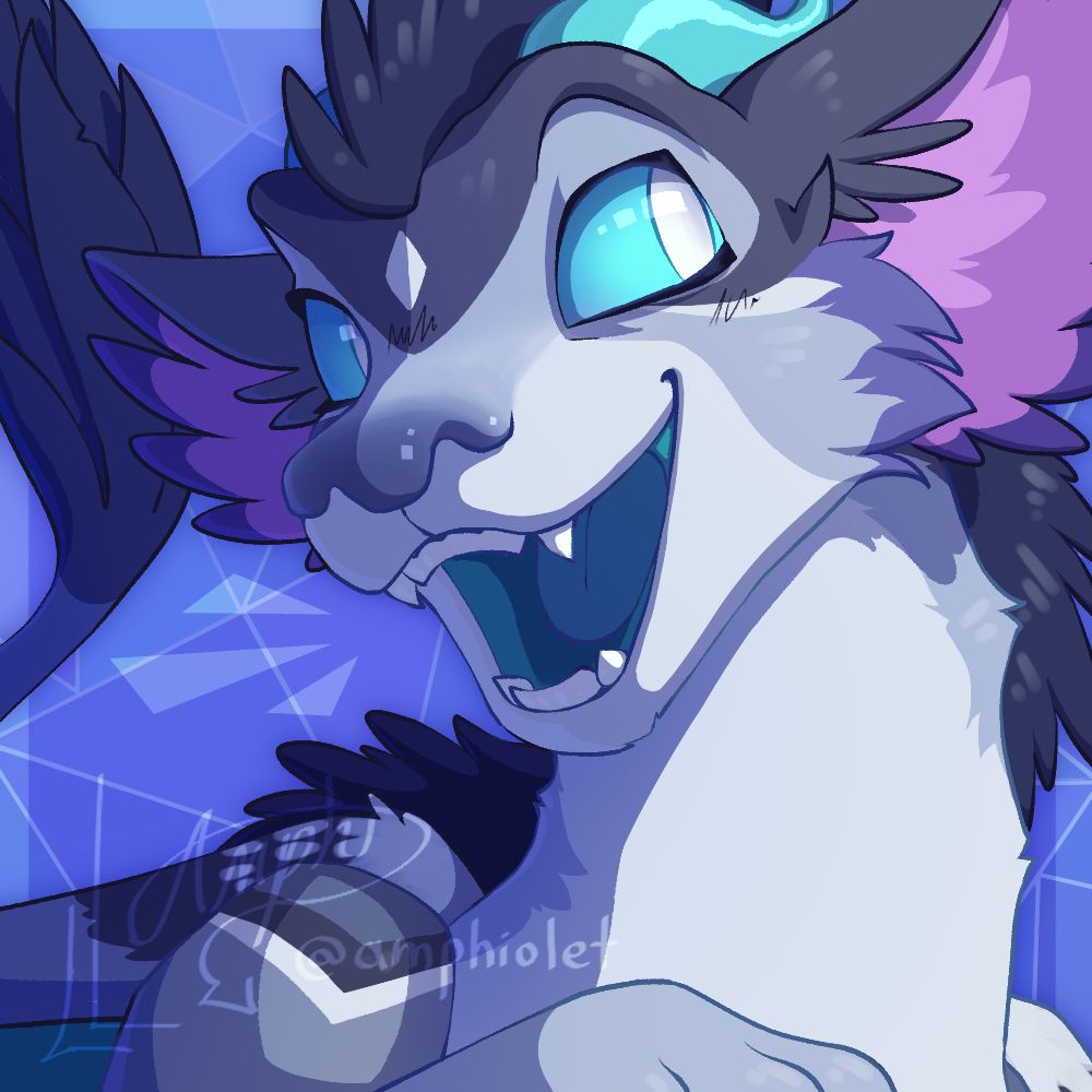 3/4 bust icon of a grey furry OC, their head leaning slightly to the left while they look up and to the right, smiling with their jaw wide open as if they were calling out. They have one paw raised up in the bottom center. Their tail is raised in the top left as well. They're set against a blue background that's broken up into triangles.