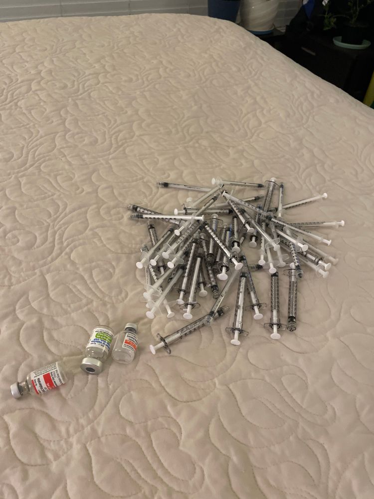 53 used syringes without sharps and empty estrogen vials