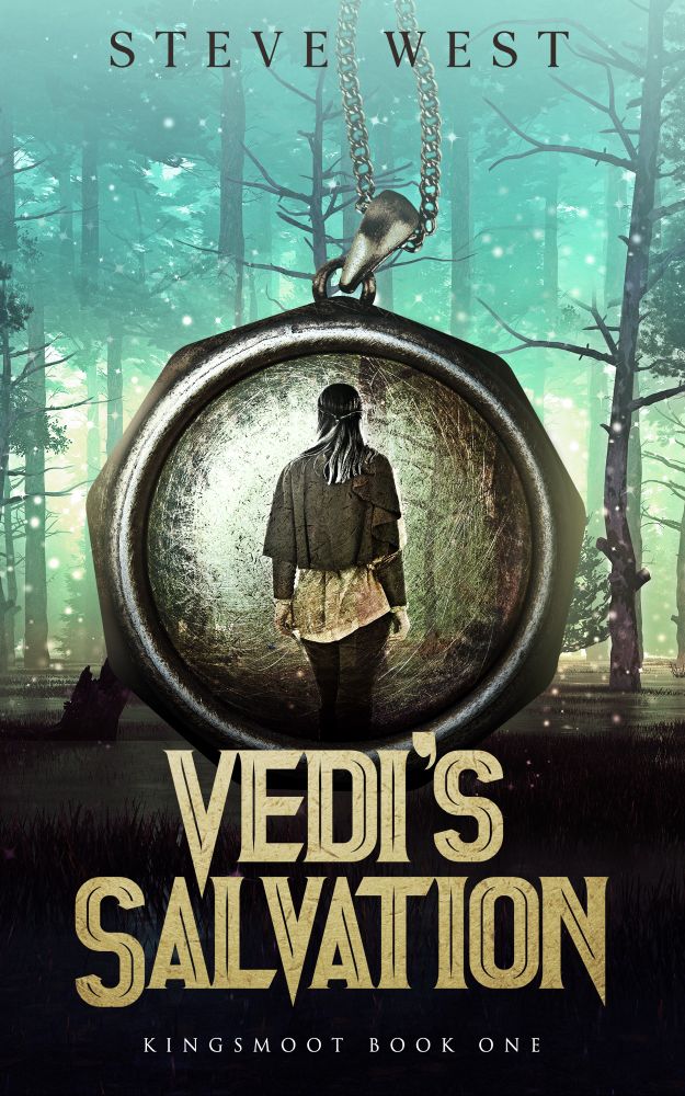 The cover of Vedi’s Salvation shows a young woman looking away in a swamp. A large nine-pointed ring surrounds her.
