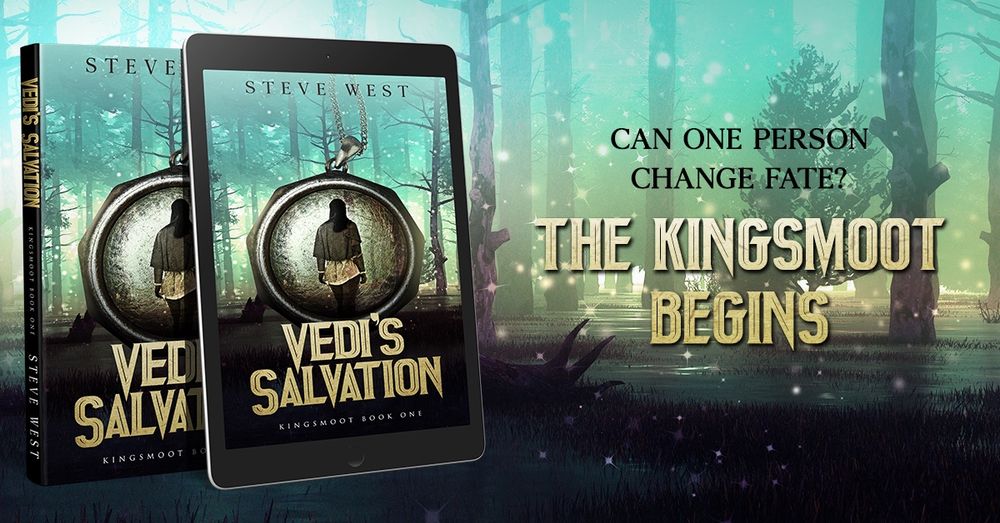 The cover of Vedi’s Salvation shows a young woman in a swamp looking away from us. The text says “Can one person change fate? The Kingsmoot begins”