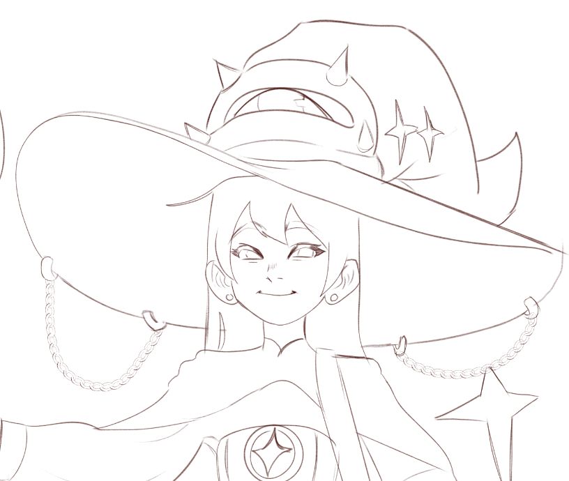 A witch girl with a big hat that has a giant eye and various accessories including earrings...hat rings.