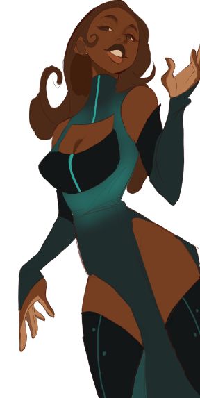 A thin tall black woman with long brown hair and beautiful brown eyes, she's smiling and waving someone off. She has a long teal dress with side slits dark accents and thigh highs. The coloring is messy and her earrings are uncolored 