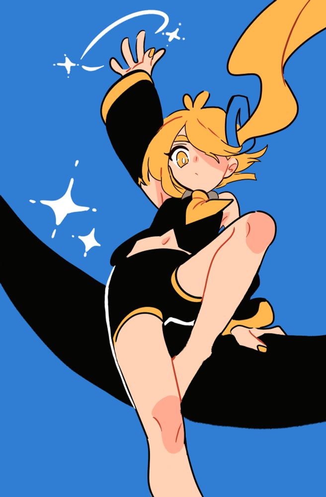 Neru in a more simplified style, she's raising her hand, magic emanating from it. She looks to be mid transformation, her skirt having turned into a black object, maybe to use as a weapon later, leaving her in shorts. She's jumping down, her hair flowing up. 