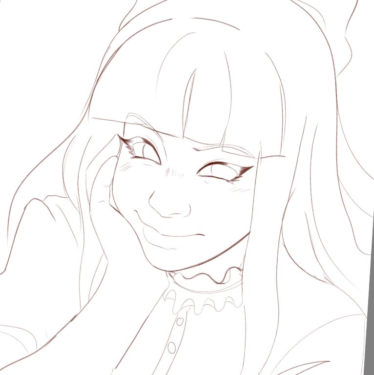 A doodle of a pretty woman in a fancy blouse, she has long flowing hair a blunt bangs. The woman's smirking at the viewer and cupping her cheek