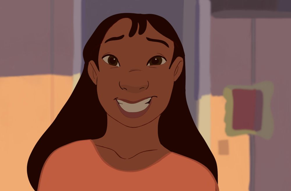 Nani Pelekai from Lilo and stitch smiling at the viewer, it's forced and she looks a bit uncomfortable