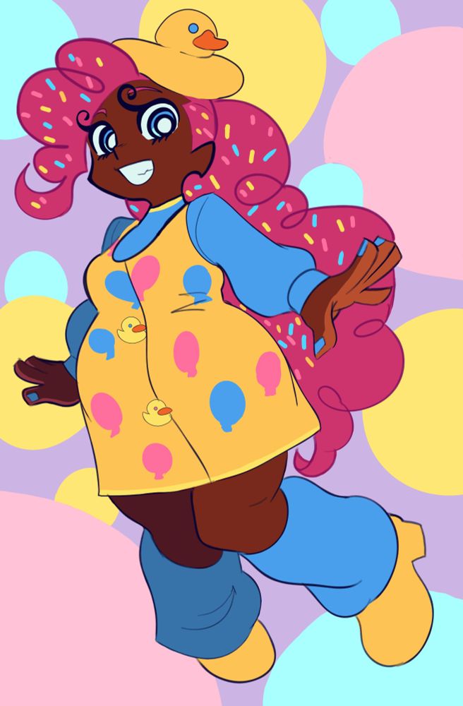 Pinkie pie from my little pony as a human. She wears a beret that looks like a rubber duck, her long curly pink hair is covered in pink, blue, and yellow confetti that looks like sprinkes. She wears a light blue turtleneck under a yellow dress, light blue leg warmers, and bright yellow heels. Her nails are painted a blue and she's beaming at the viewer, jumping for joy. 