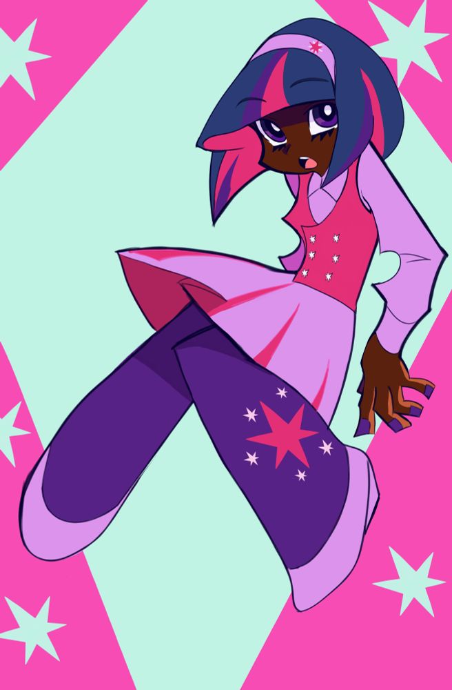 A human version of Twilight Sparkle in the Panty and stocking art style. She's pressed against an invisible wall, mouth agape. She has a lavender dress with a pink vest. She wears dark purple stockings with an altered version of her cutie mark on it. Her hair is in a short, perfect bob. 