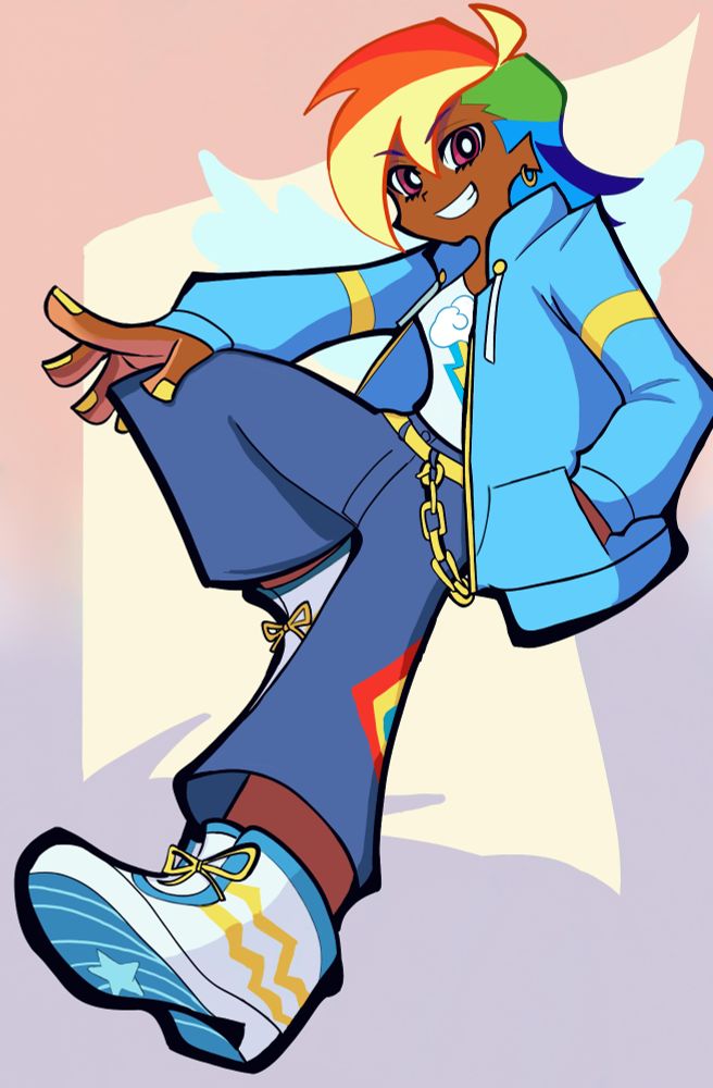 A human version of Rainbow Dash in the panty and stocking art style, she has brown skin and her signature rainbow hair. Her jacket is blue like her coat and she wears jeans with a yellow chain attached. Her sneakers are elevated at the heel, with yellow bolts similar to the wonderbolts uniform. 
