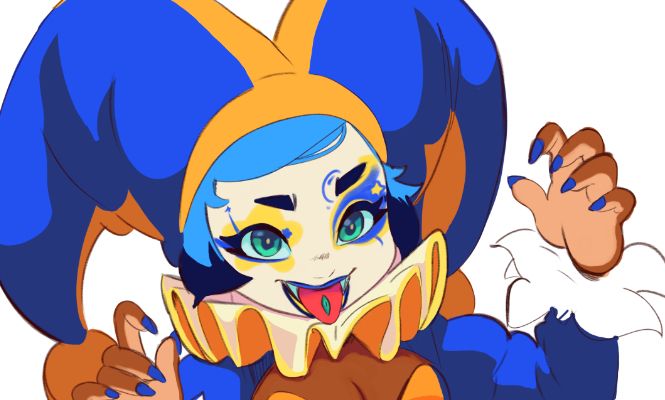 A chibi jester girl with an eyeball on her tongue. She wears a blue and yellow outfit and has star themed makeup