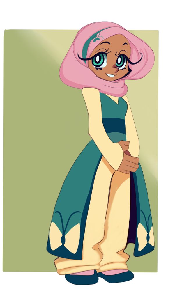 Fluttershy from my little pony as a human. She wears a pink Hijab with a small butterfly printed on it. over a yellow long sleeve shirt and yellow pants she has a green dress with yellow butterflies at the bottom. 