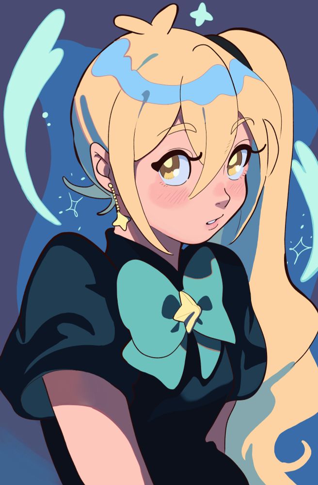 A drawing of Neru glancing your way. Her outfit is a dark blue and he hair is slightly curled with blue accents. She has a big turquoise bow with a yellow jewel in the middle that matches her earring.  