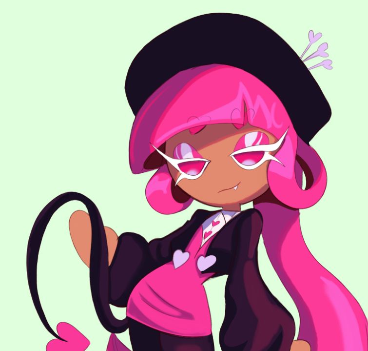 A drawing of light brown cookie with long pink hair, a pink dress, a black beret with heart pins, and a black crop jacket (depicted with dark purples) 