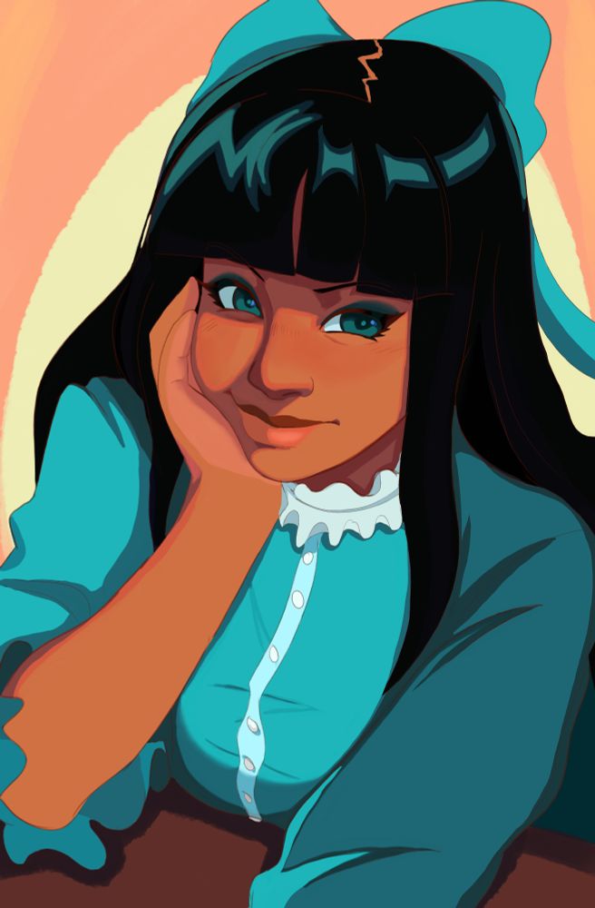 A drawing of a young blasian woman with black hair and piercing teal eyes. She's smirking and cupping her cheek, her outfit matches her eyes and a bow is placed on her head. 