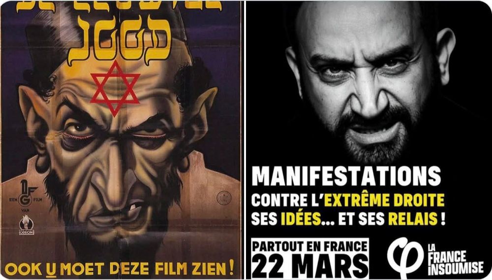 Comparaison entre une caricature antisémite d'un homme de confession juive datant des années 30 et le visuel de La France Insoumise pour la manifestation du 22 mars contre l'extrême droite, avec le visage de Cyril Hanouna reprenant des traits semblables à celui de la caricature