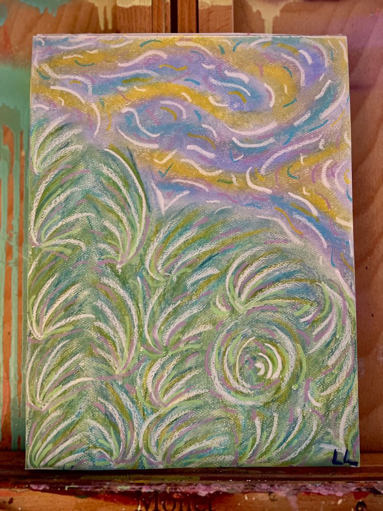 Oil pastel drawing of a sunset sky with blowing grass.