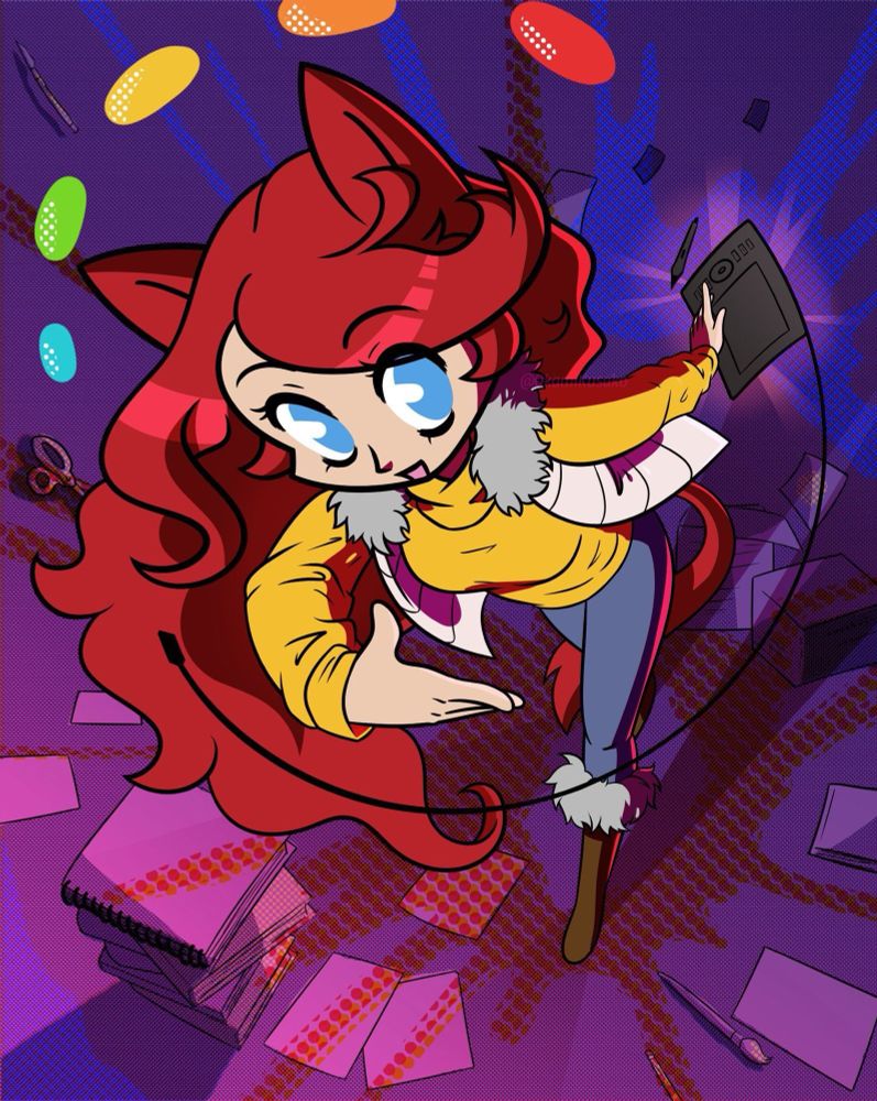 A girl with long red hair and red cat ears and a tail takes a bow. She is wearing a yellow turtle neck sweater and a light pink vest with grey fur trim. She is also wearing jeans that are tucked into brown knee-high boots with grey fur trim. A dark grey drawing tablet circles around her as well as five blobs of color that are blue, green, yellow, orange, and red. On the ground there are splatters of paint coming out from where the girl is standing. They are made of blue and orange dots. The rest of the background is purple and pink. There are also papers and sketch books scattered around the girl.