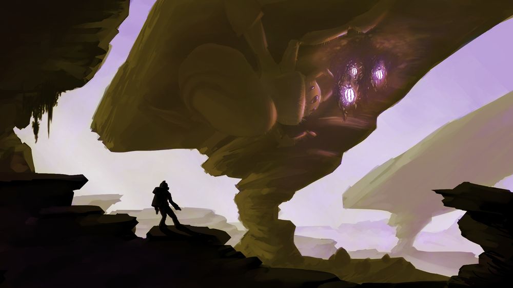 On a rocky alien planet, the silhouette of an explorer crests a mound of rocks to see a mysterious repeated rock formation, under one of which hangs a massive 4 legged insect that otherwise resembles a spider, which is currently engaged in harvesting 3 glowing purple fruits from under the rock's shade.