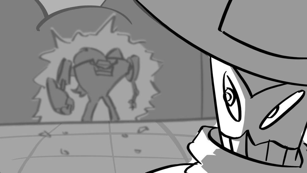 A black and white still from a storyboard about robots in the wild west. A slender bot looks over its shoulder where the silhouette of a wide brutish robot is visible through the hole it smashed in the wall.